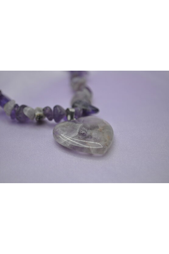 Ametist Kırıktaş Şekilli Kalpli Doğaltaş Kolye