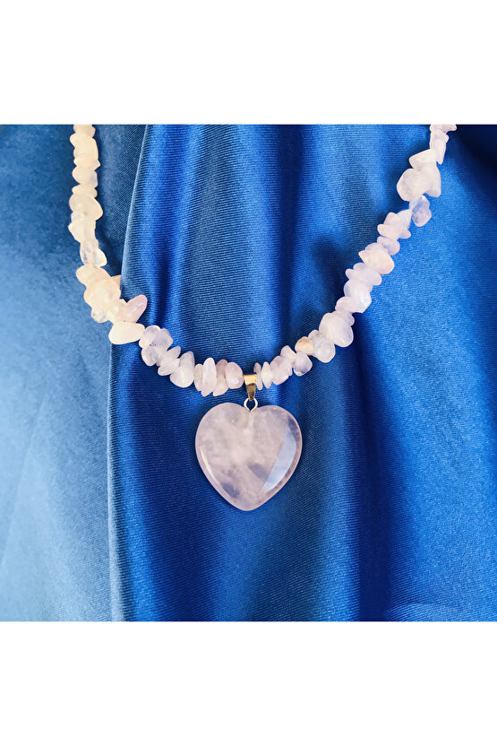 Pembe Kuvars Kırıktaş Şekilli Kalpli Doğaltaş Kolye