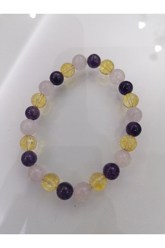 Ametist-Sitrin-Pembe Kuvars Doğal Taş Bileklik 8mm Küre Kesim