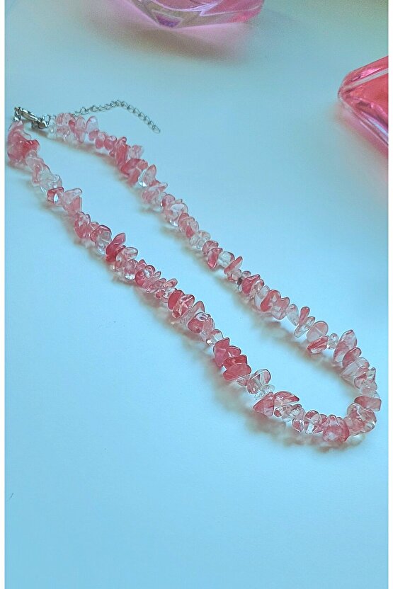 ÇİLEK KUVARS KIRIK DOĞAL TAŞ KOLYE