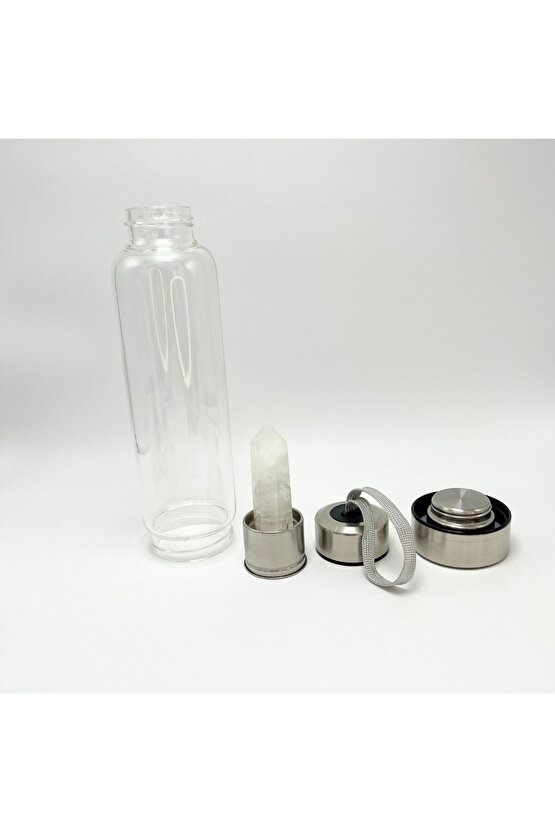 SERTİFİKALI Kristal Kuvars Doğal Taş Cam Su Matarası 550 ml  Özel Kılıflı Contalı Kapak Paslanmaz