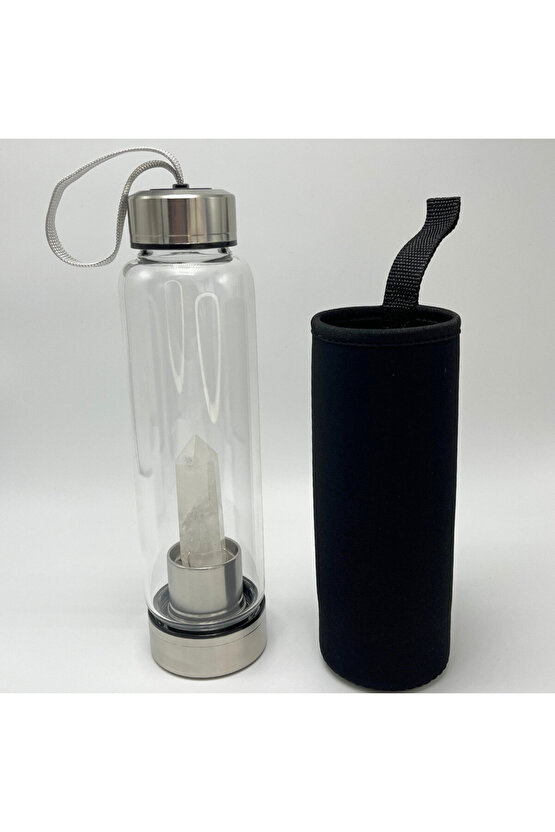 SERTİFİKALI Kristal Kuvars Doğal Taş Cam Su Matarası 550 ml  Özel Kılıflı Contalı Kapak Paslanmaz