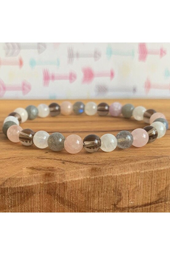 Pembe-Kuvars-Labradorit-Ay Taşı-Dumanlı Kuvars Doğal Taş Bileklik 8mm