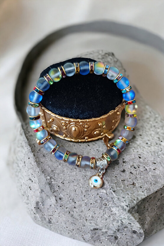 Mavi Termal Kuvars Renkli Rondela Nazar Boncuklu Doğal Taş Bileklik Parlayan Model