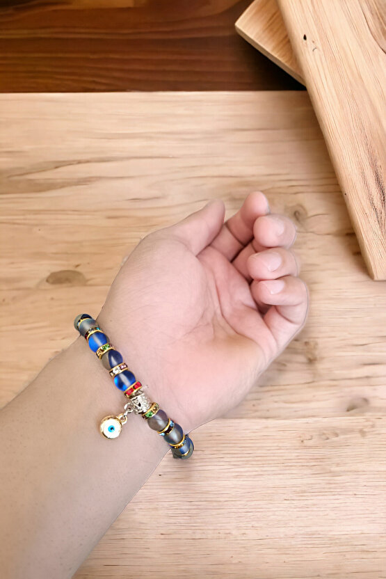 Mavi Termal Kuvars Renkli Rondela Nazar Boncuklu Doğal Taş Bileklik Parlayan Model