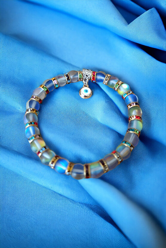 Mavi Termal Kuvars Renkli Rondela Nazar Boncuklu Doğal Taş Bileklik Parlayan Model