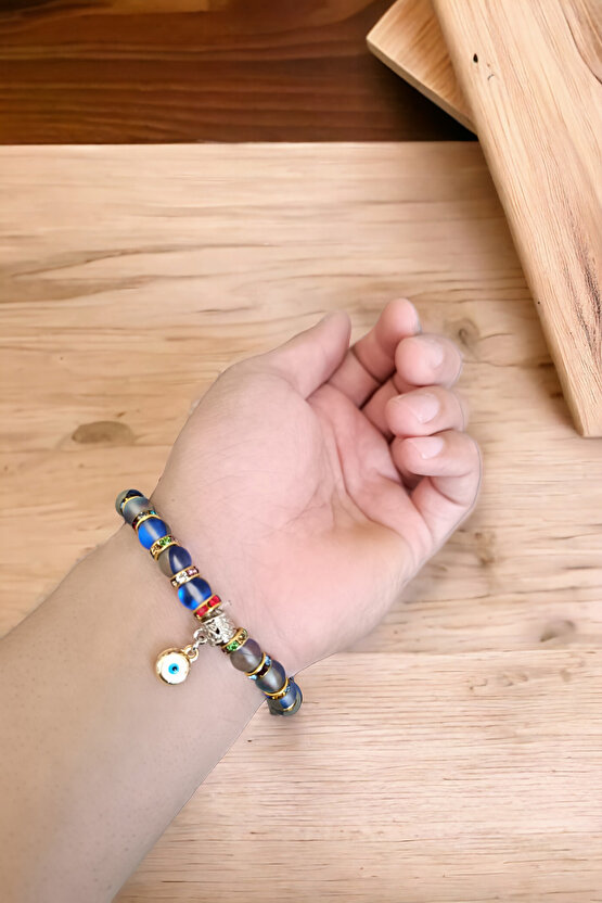 Mavi Termal Kuvars Renkli Rondela Nazar Boncuklu Doğal Taş Bileklik Parlayan Model