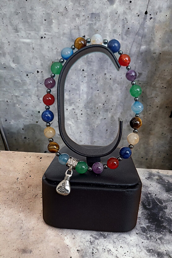 7 Çakra Bileklik Kaplan gözü Taşı, Ametist, Aventurin Lapis, Sitrit, Mavi Akik, Akik Doğal taş