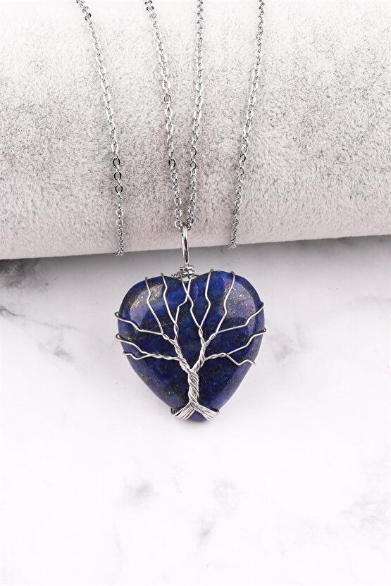 Lapis Lazuli Doğal Taş Tel Sarmalı Kalp Kolye