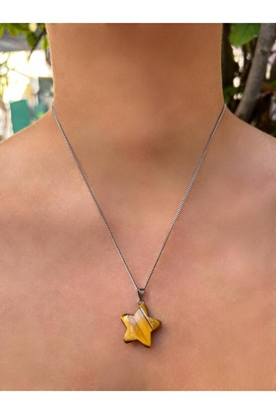 Yıldız Model Kaplan Gözü Doğal Taş Kolye