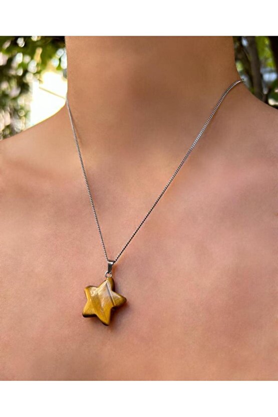 Yıldız Model Kaplan Gözü Doğal Taş Kolye