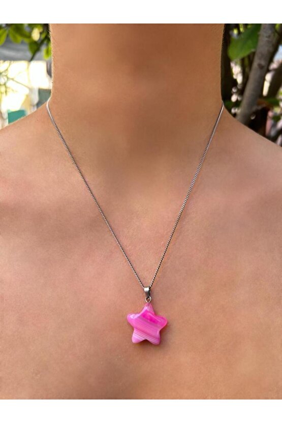 Yıldız Model Pembe Akik Doğal Taş Kolye