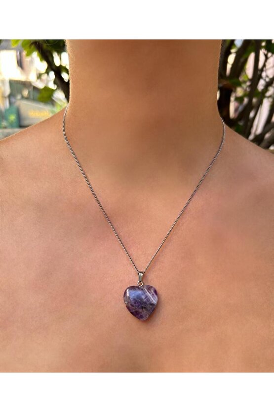 Kalp Model Ametist Doğal Taş Kolye