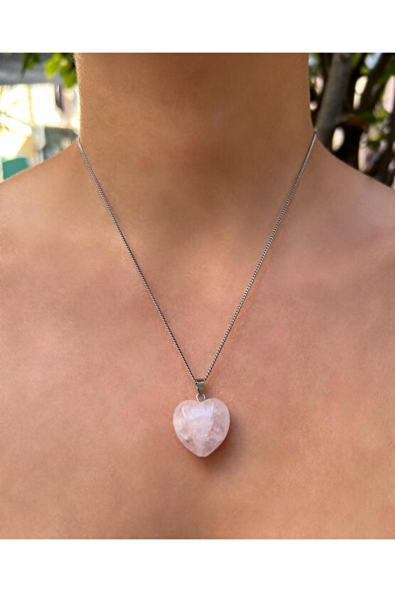 Bombeli Kalp Model Pembe Kuvars Doğal Taş Kolye