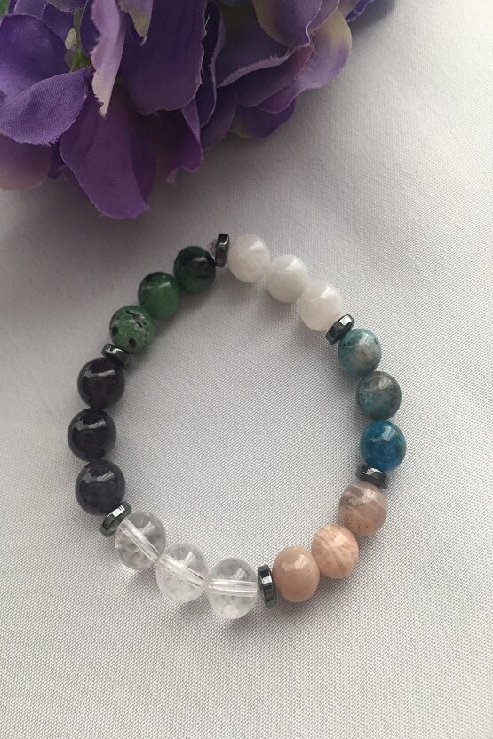 Sertifikalı Anyolit, Ay Taşı, Apatit ,güneş Taşı, Kristak Kuvars, Ametist, Hematit Doğaltaş Bileklik