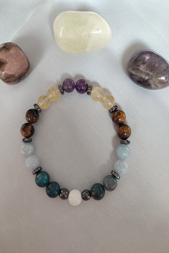 Sertifikalı Ay Taşı,apatit,akuamarin,kaplangözü,sitrin,ametist,hematit Doğaltaş Bileklik