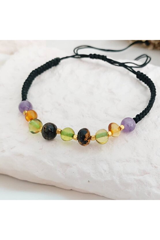 Çocuk Makrome Kehribar ve Ametist Bileklik