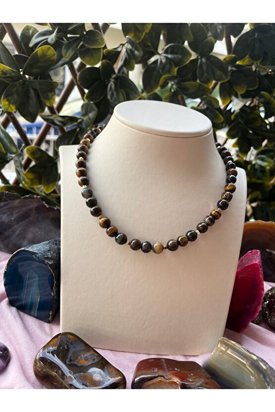 Kaplan Gözü Taşı Doğal Taş Kolye 40 cm