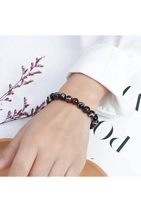 Sertifikalı Doğal Siyah Çizgili Akik Bileklik