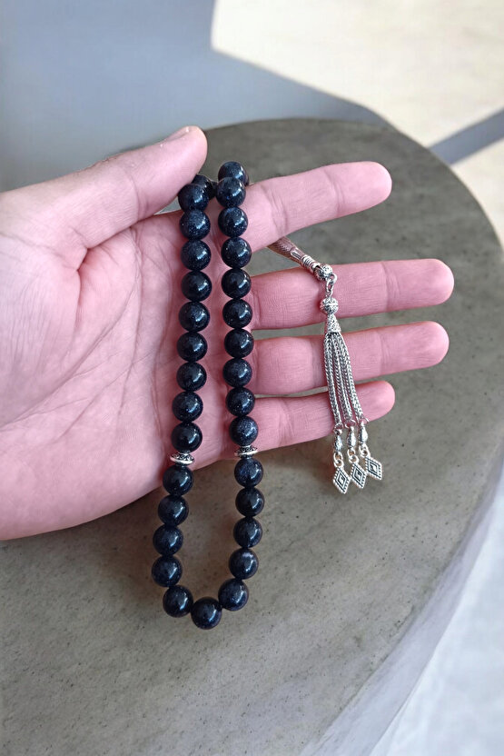 Lacivert Yıldız Taşı Tesbih 33 Lük Tesbih Orijinal Doğal Taş Büyük Boy 10 mm Gerçek Taş