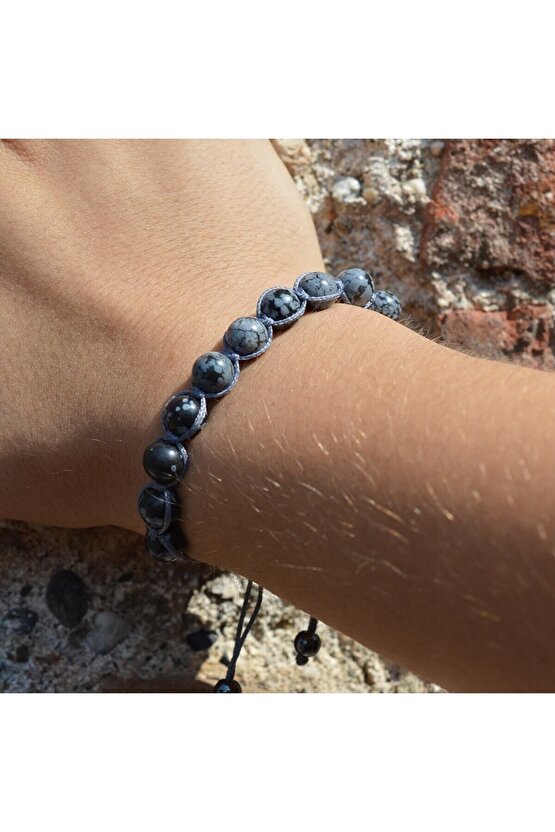 Obsidyen 8 Mm Makreme Örgülü Bileklik