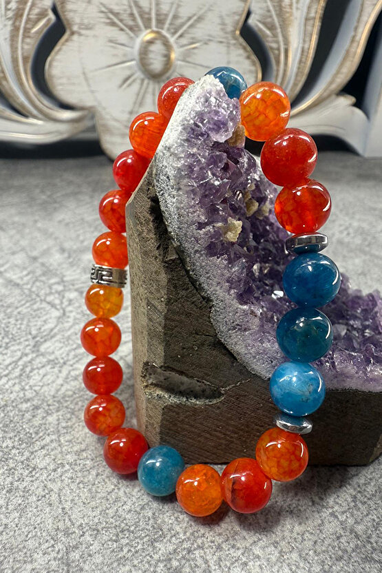 STRES ZİHİN AÇICI NAZAR BİLEKLİĞİ -%100 Doğaltaş (Ateş Akik-Apatit) Doğal taş bileklik