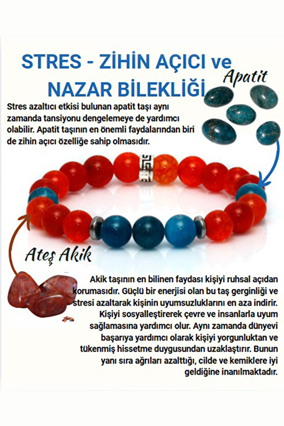 STRES ZİHİN AÇICI NAZAR BİLEKLİĞİ -%100 Doğaltaş (Ateş Akik-Apatit) Doğal taş bileklik