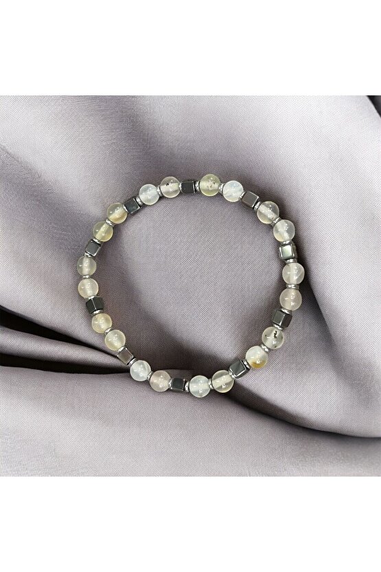 AuraStone Beyaz Akik Hematitli 6mm Doğaltaş Bileklik