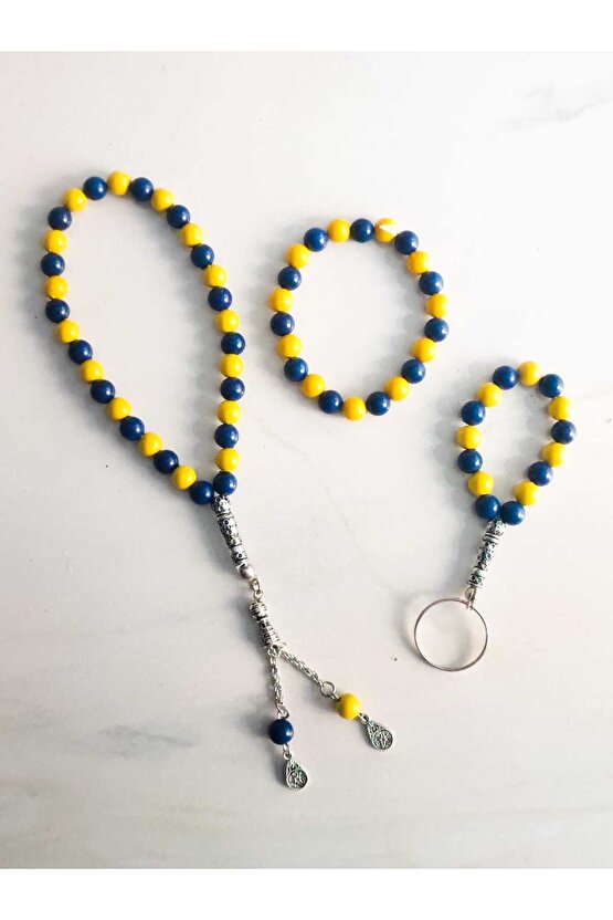 Sarı-Lacivert 3lü Set Tesbih, Bileklik ve Anahtarlık
