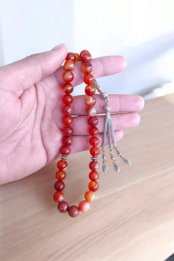 Kırmızı Akik Tesbih 33 Lük Tesbih Orijinal Doğal Taş Büyük Boy Akik Taşı Gerçek Akik