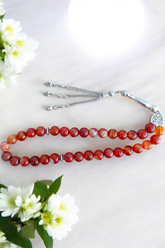 Kırmızı Akik Tesbih 33 Lük Tesbih Orijinal Doğal Taş Büyük Boy Akik Taşı Gerçek Akik