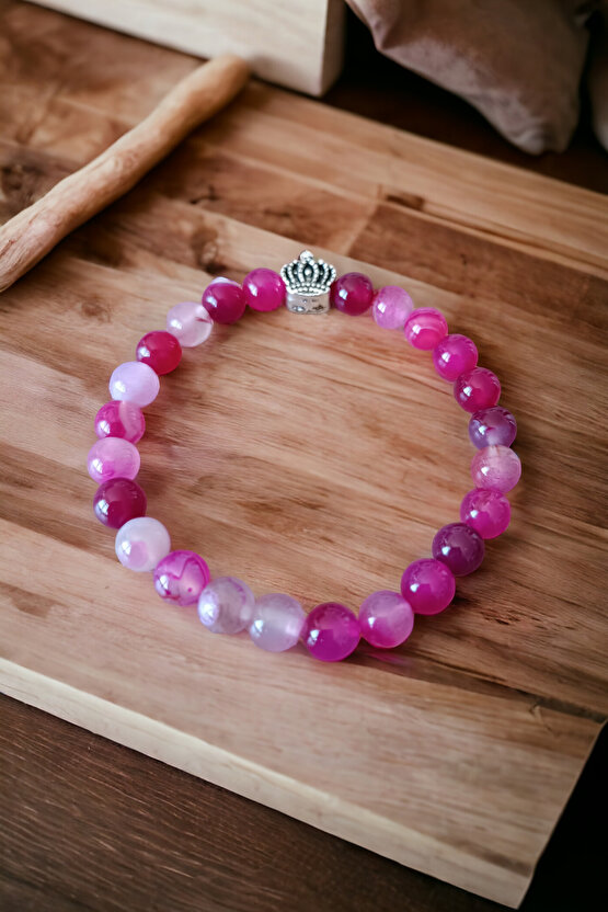 Akik Taşı Bileklik Orijinal Doğal Taş Bileklik Pembe Beyaz Desenli Bileklik Doğal Taş Bileklik