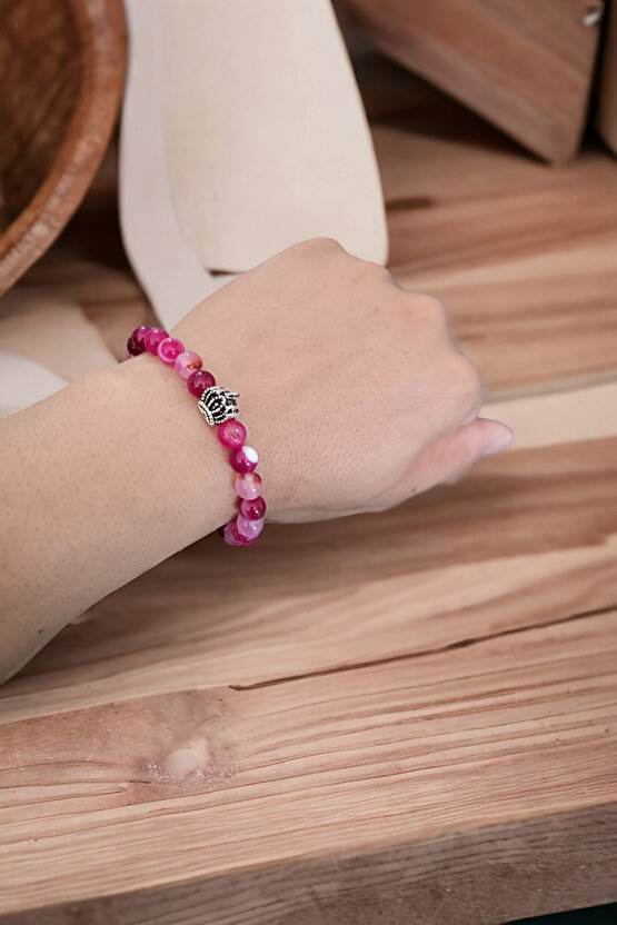 Akik Taşı Bileklik Orijinal Doğal Taş Bileklik Pembe Beyaz Desenli Bileklik Doğal Taş Bileklik