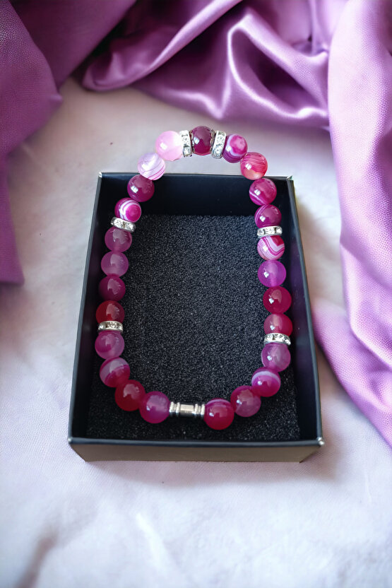 Akik Taşı Bileklik Orijinal bileklik Pembe Beyaz Desenli Akik Doğal Taş Bileklik