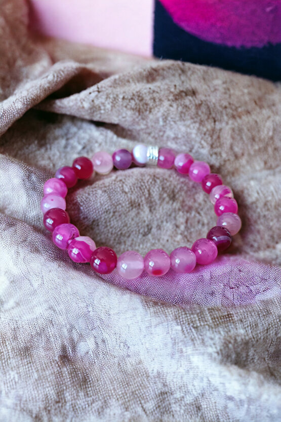 Akik Taşı Bileklik Orijinal bileklik Pembe Beyaz Desenli Akik Doğal Taş Bileklik