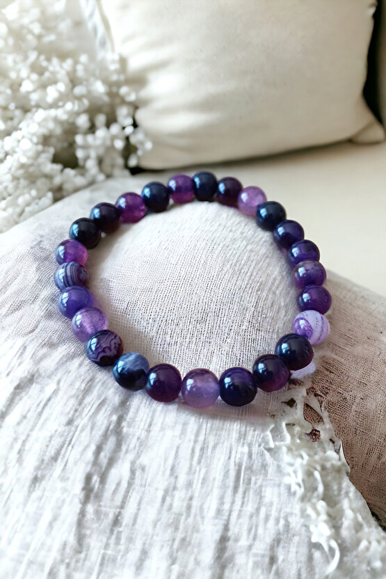 Mor Akik Taşı Bileklik Nazar Bilekliği Stres Giderici Bileklik Mantık Bilekliği Doğal Taş