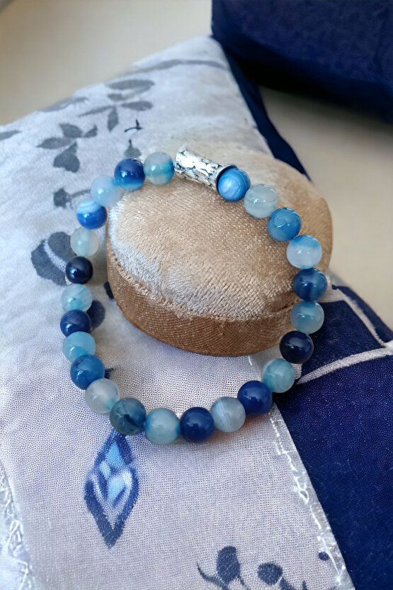 Mavi Akik Taşı Doğal Taş Bileklik Boğaz Çakrası Bileklik İletişim Beceri Bilekliği