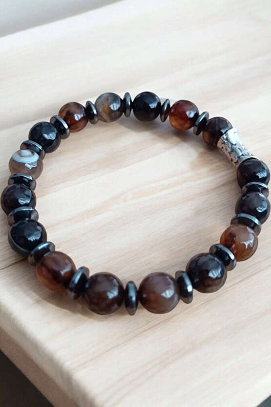 Akik Hematit Bileklik Siyah Kahverengi Desenli Akik Taşı Bileklik  10 mm Akik Taşı Bileklik