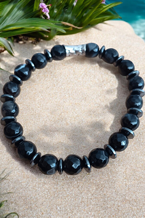 Akik Taşı Bileklik Siyah Akik Bileklik Faset Kesim 10 mm Akik Taşı Bileklik