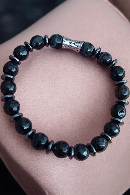 Akik Taşı Bileklik Siyah Akik Bileklik Faset Kesim 10 mm Akik Taşı Bileklik