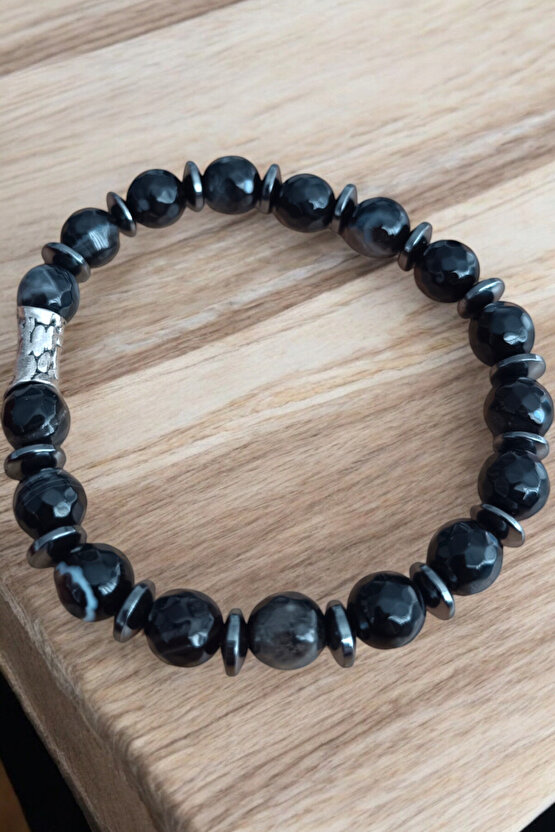 Akik Taşı Bileklik Siyah Akik Bileklik Faset Kesim 10 mm Akik Taşı Bileklik