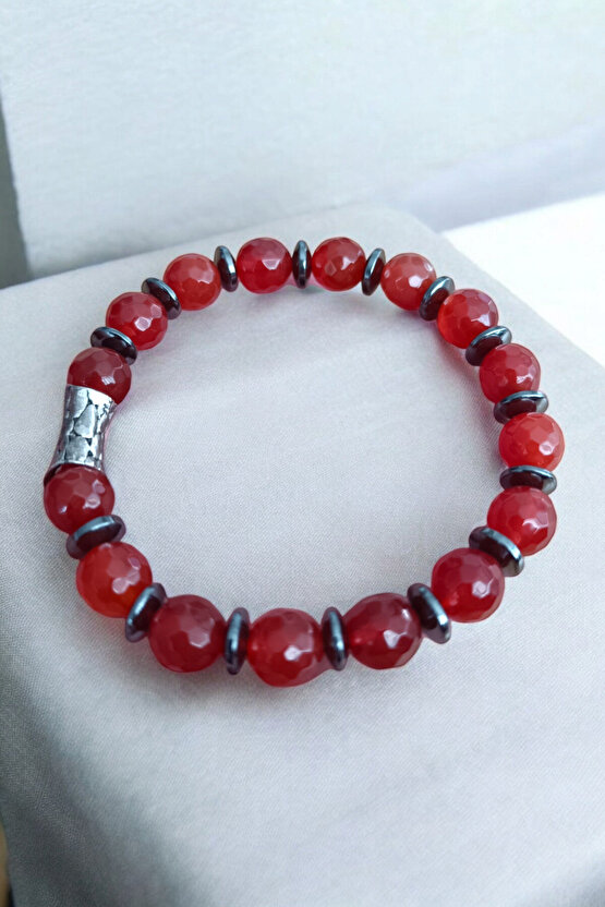 Kırmızı Akik Bileklik Faset Kesim Orijinal Gerçek Hakiki Akik Taşı Bileklik 10 mm