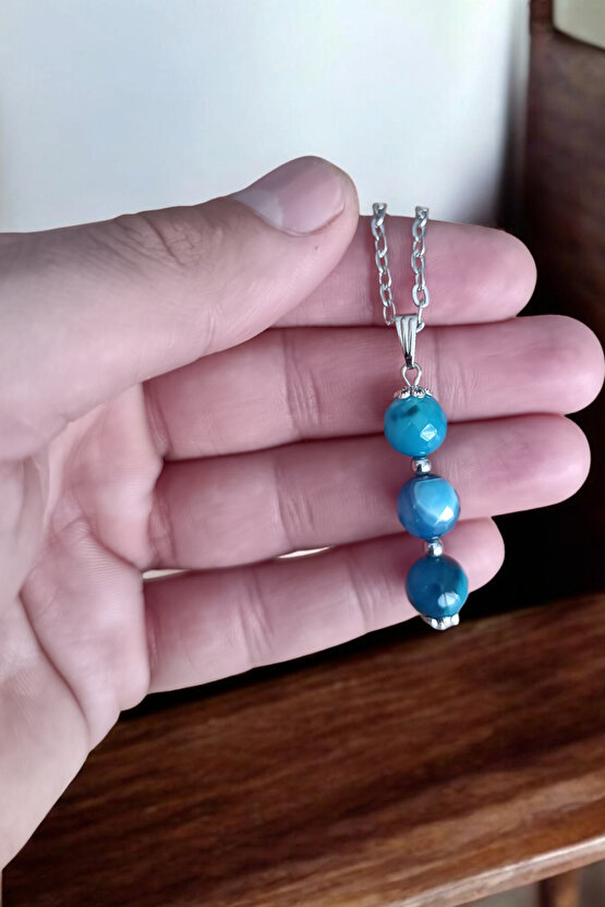 Faset Mavi Akik kolye Akik kolye  doğal taş kolye zincirli kadın kolye hediyelik kolye 10 mm