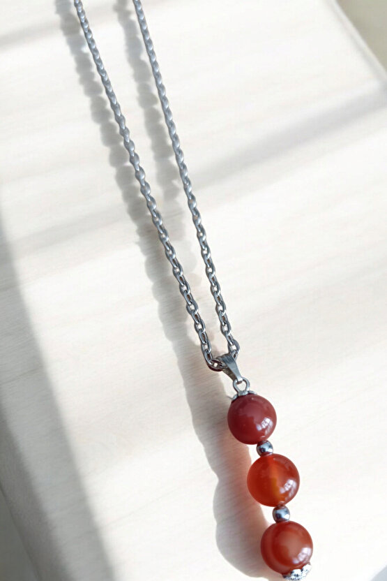 Kırmızı Akik kolye doğal taş kolye zincirli kadın kolye hediyelik kolye 10 mm