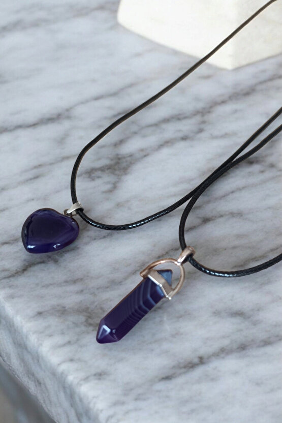 Mor Akik Taşı Kolye 2 Adet Özel Model Hediyelik Eşya Sevgili Kolye Çift Sevgili Kolyesi 2 Adet Kolye