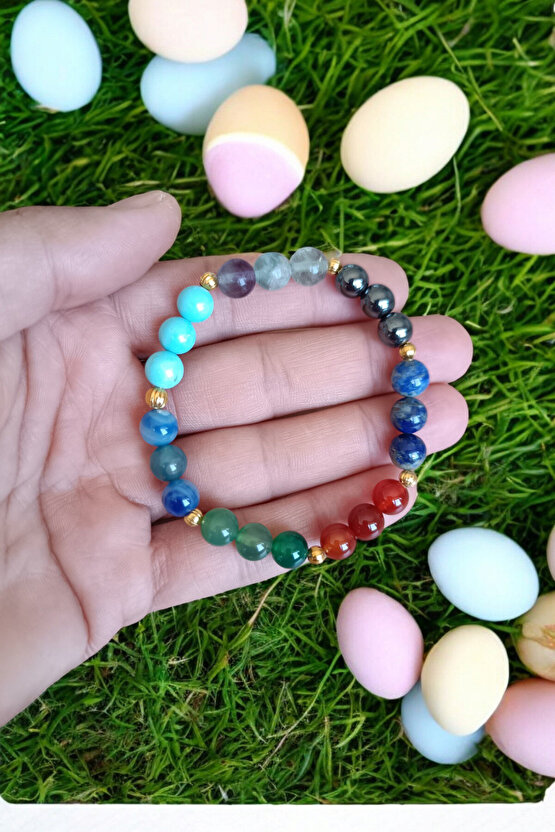 Boğa Burcu Bilekliği (Lapis Lazulli, Yeşil Mavi Kırmızı Akik, Turkuaz Firuze, Florit, Hematit)