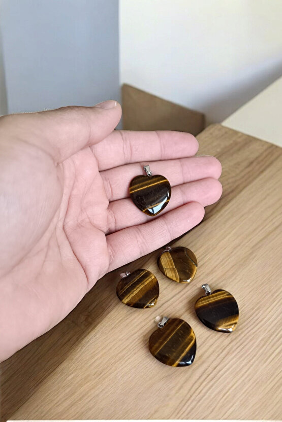 Kaplan Gözü Taşı 5 Adet Kalpli Kaplan Gözü Kolye Büyük Boy 2,5cm x 2,5 cm Parlak Kalpli Doğal Taş