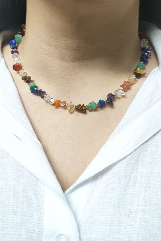 7 Çakra Doğal Kırıktaş Kolye Altın Kaplamalı Boncuk