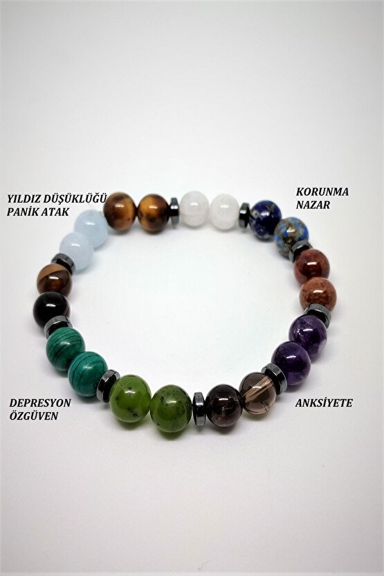 Sertifikalı Panik Atak(AKUAMARİN,MALAHİT,YEŞİM,DUMANLI KUVARS,AMETİST,LAL,,AY TAŞI)doğaltaş Bileklik