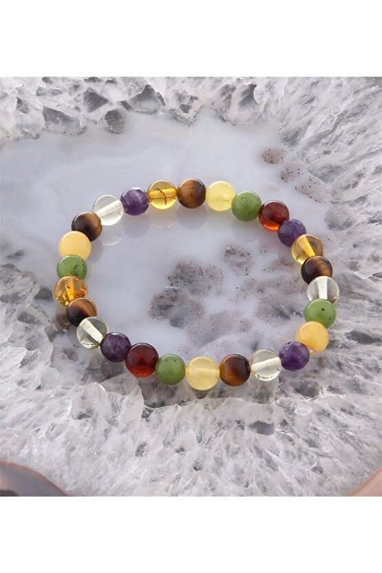 Kaplan Gözü, Kehribar, Yeşim, Ametist Doğal Taş 6 mm Bileklik